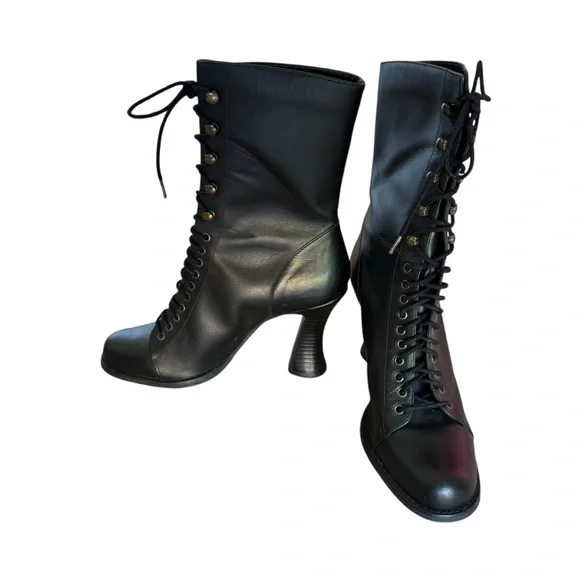 Vintage 80s Euro Club Victorian Style Black Leather LaceUp Granny Boots Goth 8.5 - Picture 9 of 12